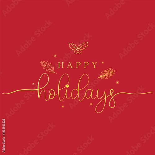 Happy Holidays text in golden yellow on red background.