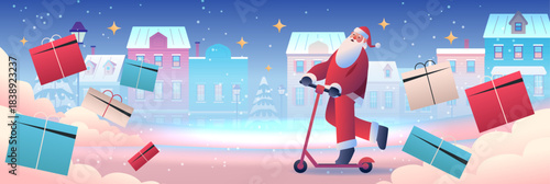 Santa Christmas New Year 2026 celebration Santa riding scooter through snowy town with flying gift boxes festive winter cityscape holiday banner