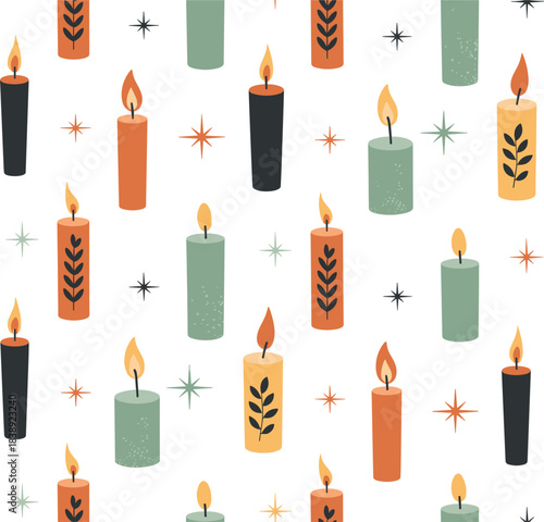 Seamless Vector Pattern of Lit Holiday Candles, Featuring Green, Orange, Black, and Yellow Tapers with Abstract Stars and Botanical Sprigs