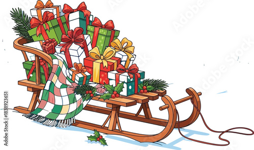 Wooden sleigh overflowing with colorful Christmas presents rests in a snowy winter landscape during twilight