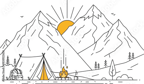 Minimalist line art illustration of a mountain camping scene featuring a tent campfire and rising sun
