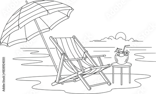 Black and white line art of an empty beach chair under an umbrella with a tropical drink nearby