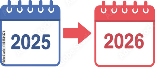 Vector Illustration of 2025 and 2026 Calendars with Red Arrow, Representing Transition, New Year, End of the Year, and Time Change