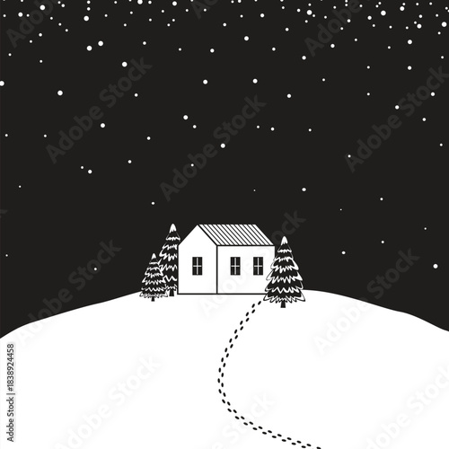 A winter postcard featuring a cozy little house among fir trees on a hilltop covered in falling snow. A chain leads to the house. Vector illustration