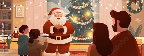 Santa Claus Christmas family celebration exchanging gifts festive tree lights cozy home interior holiday decoration fireplace scene