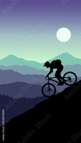 Silhouette of a mountain biker descending a steep, rocky slope against a backdrop of layered mountains and a pale moon.