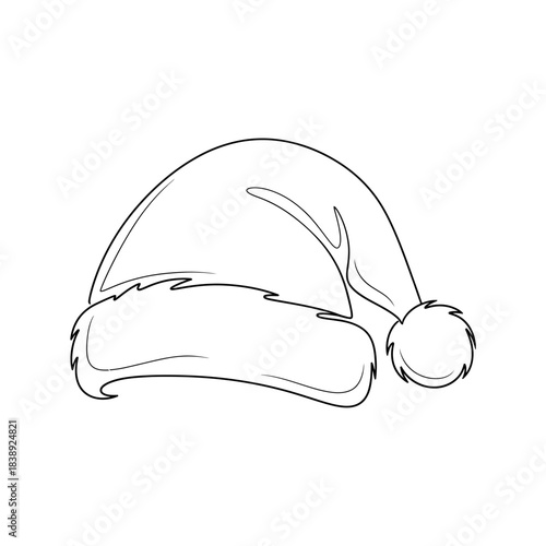 Elegant black and white line art illustration of a traditional Santa hat, featuring a distinct fluffy brim and pom-pom, symbolizing festive winter holidays and joyful seasonal celebrations