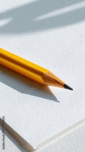 Yellow pencil on white paper with shadow, education and creative writing concept, vertical 9:16 mobile wallpaper background