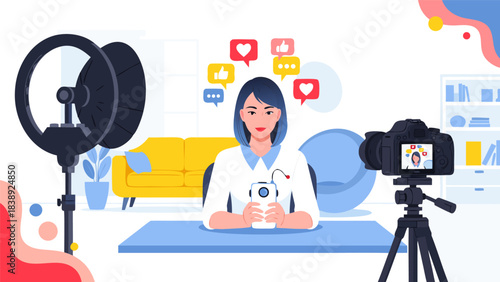 A female doctor is recording a video with a ring light and camera, surrounded by social media icons.