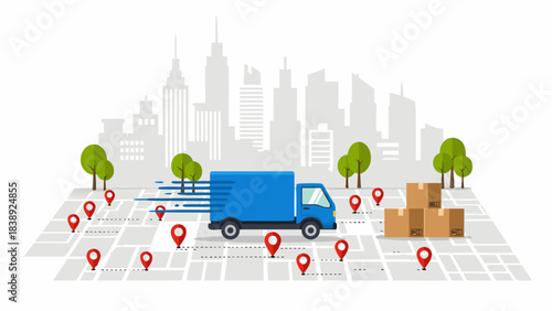 A blue delivery truck navigates a city map with numerous location pins and stacked packages, symbolizing logistics and urban delivery services.