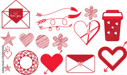 Valentine Love Elements Vector Set, Heart, Envelope, Arrow and Decorative Icons