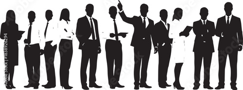 Solid Black Silhouette of Diverse Business People Standing in Different Poses, Minimalist Corporate Team Illustration, Professional Clipart on White Background