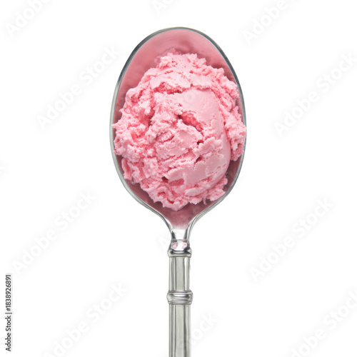 Stainless steel scoop spoon with strawberry ice cream on white background.png