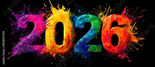 Dynamic 2026 text with vibrant paint splashes and explosions on black background