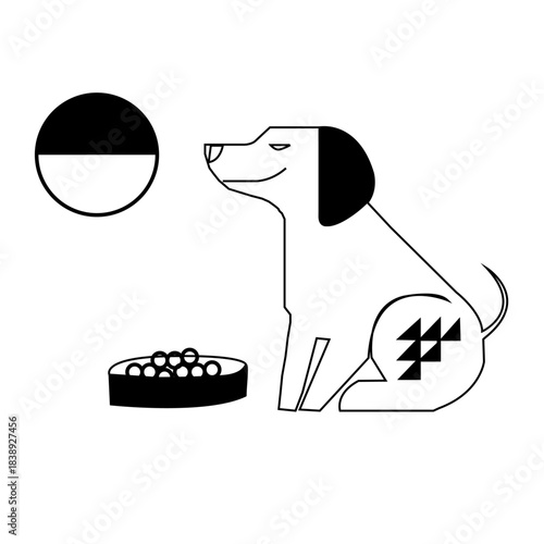 Minimal Line-Art Dog Illustration with Bowl & Geometric Patterns