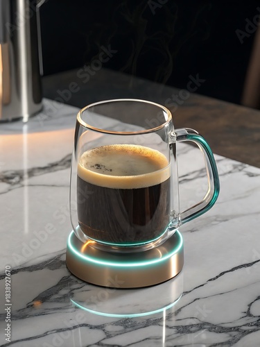 Glass mug of black coffee on illuminated cup warmer