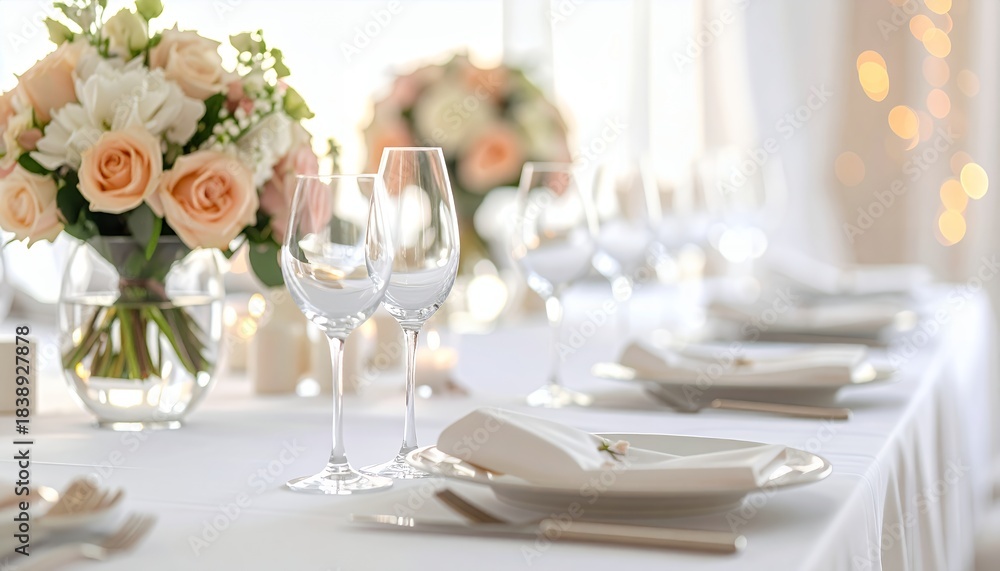 Fototapeta premium Elegant Wedding Reception Table Setting with Floral Centerpiece and Wine Glasses.