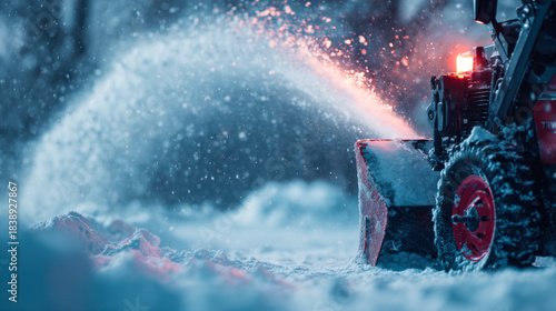 Snow blower clearing snow, cold winter season work