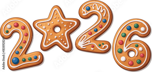 Festive 2026 New Year numbers made of gingerbread cookies with colorful sugar icing and candy decorations, sweet baked holiday treat vector
