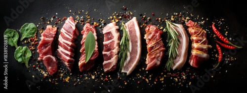 Fresh raw beef with herbs, garlic and spices on black background, concept of carnivore diet, traditional cuisine, natural protein, meat is back.  banner