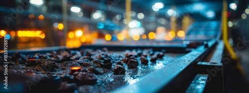 Close-up of conveyor belt with mineral rocks during deep sea resource processing in industrial facility. Concept: deep sea mining, energy, raw materials, technology, industry, production.  banner