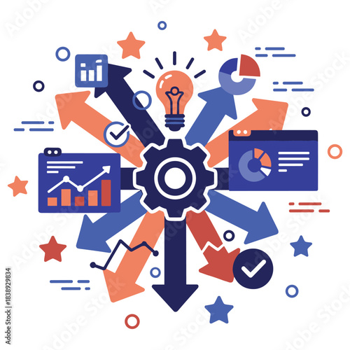 Data analysis and business growth concept with charts, arrows, and lightbulb