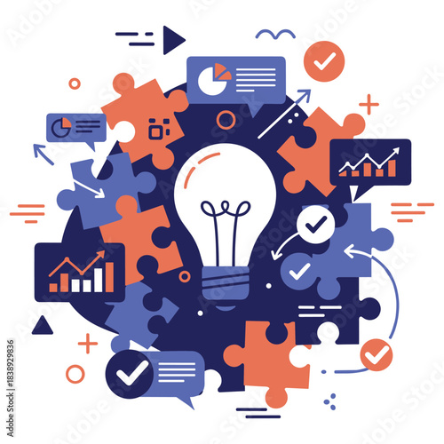 Lightbulb surrounded by puzzle pieces and business icons representing innovation and strategy