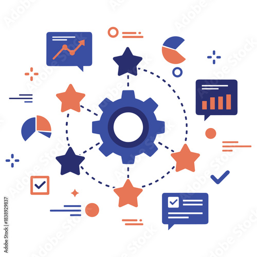 Colorful infographic of gear with stars and charts