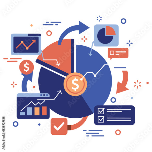 Colorful infographic of economic growth with pie chart and arrows