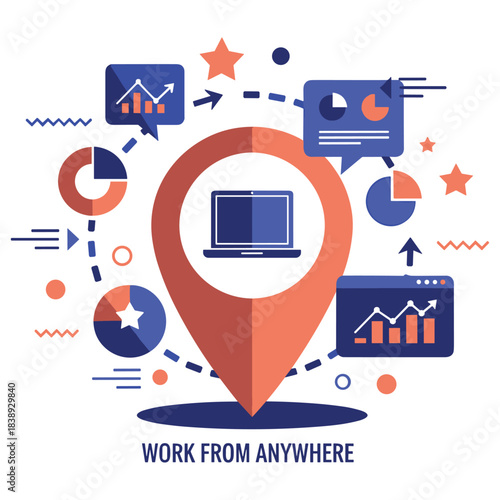 Remote work concept with laptop and infographics