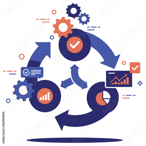 Infographic illustrating data analytics process with arrows and gears