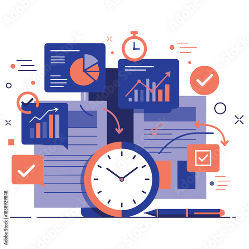 Time management and data analysis concept with clock and charts