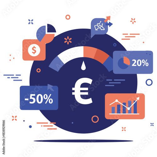 Euro finance illustration with charts and graphs showing growth and decline