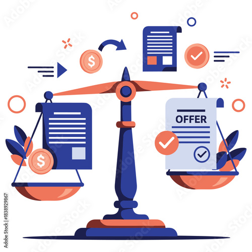 Business agreement and financial balance concept with scales and documents