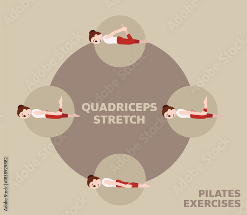 Pilates Moves Exercises Quadriceps Stretch Cute Cartoon Vector Illustration