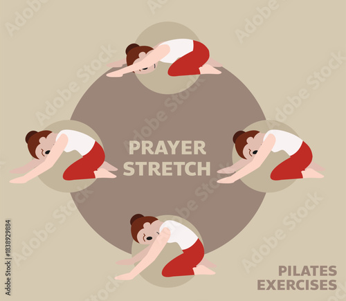 Pilates Moves Exercises Prayer Stretch Cute Cartoon Vector Illustration
