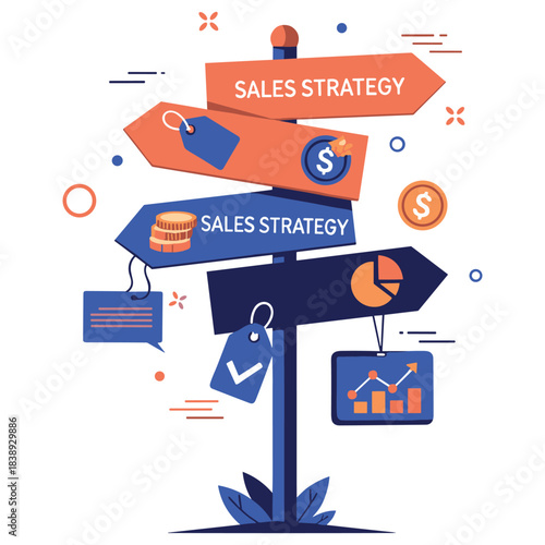 Illustration of sales strategy concept with directional sign and graphs