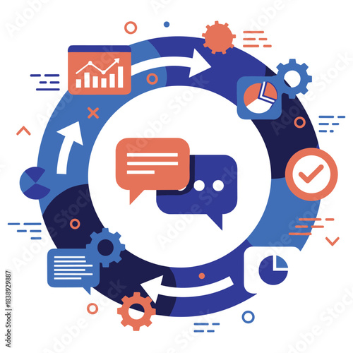 Abstract circular infographic with charts and speech bubbles