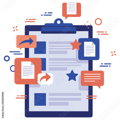 Abstract clipboard with documents and communication symbols in blue and red