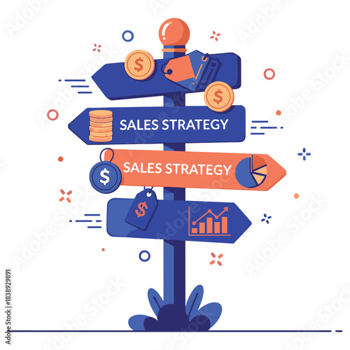 Creative sales strategy signpost with charts and coins icons