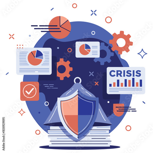Crisis management concept with shield and graphs