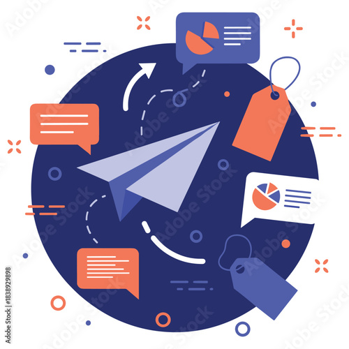 Paper airplane surrounded by tags and chat bubbles in flat design