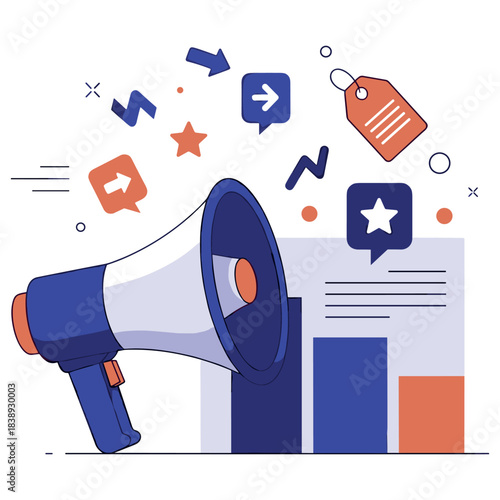Megaphone with speech bubbles and bar graph for marketing and communication