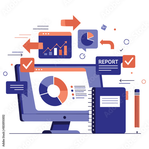 Data analysis and reporting: charts and graphs on computer screen with notebook and pencil