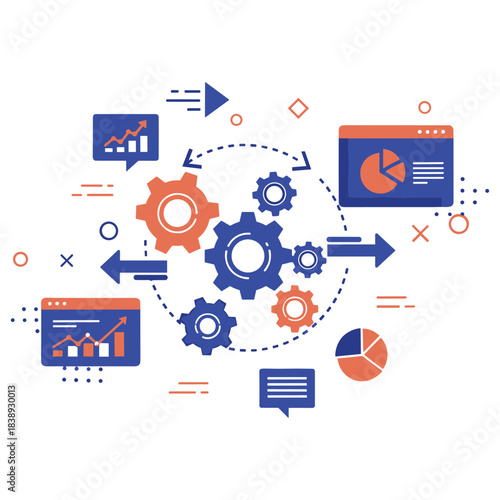 Abstract infographic illustrating data analysis and workflow with gears and charts