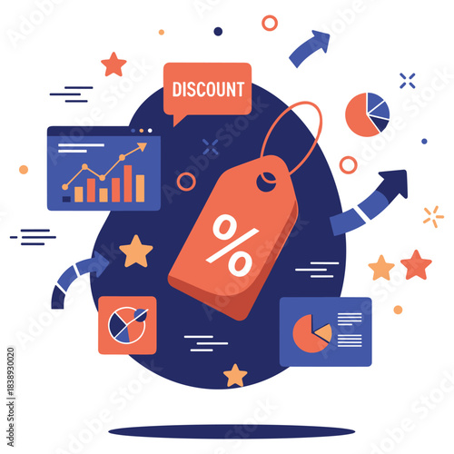 Discount shopping concept with graphs, charts, and percent tag