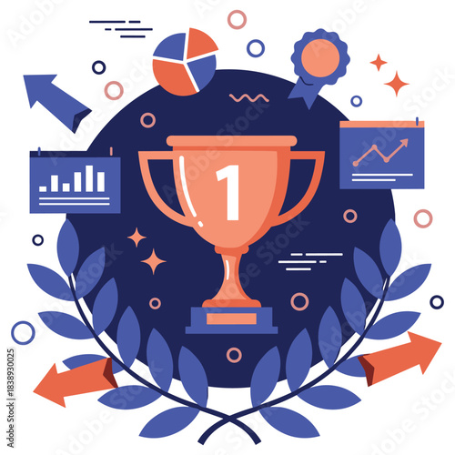 First place trophy with graphs and laurel leaves in award winning design