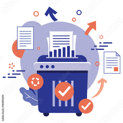 Modern paper shredder with arrows and documents in motion