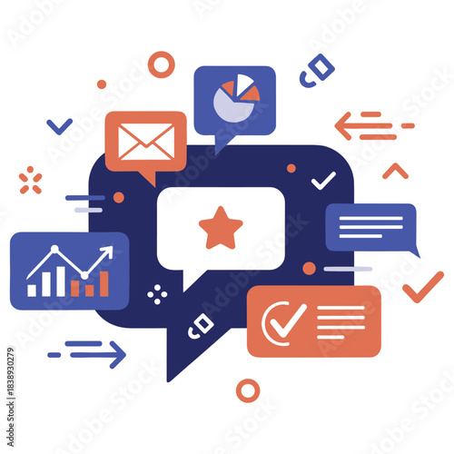 Colorful digital communication icons with graphs and messages