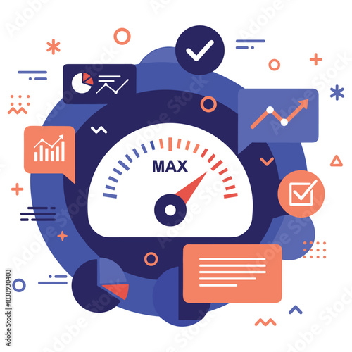 Abstract performance gauge with statistical graphics and icons